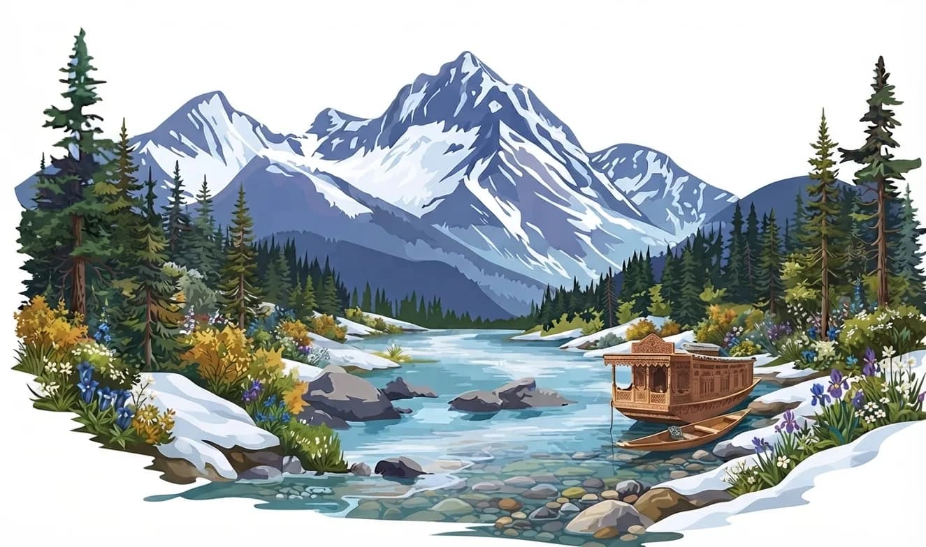 Illustrated Kashmir scene — a carved wooden houseboat on a river below snow-capped peaks, framed by pines and spring wildflowers